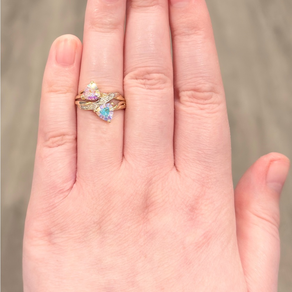 14K Titanium Quartz Diamond Ring Double Trillion Cut Aurora Iridescent 6.25 - Picture 11 of 15
